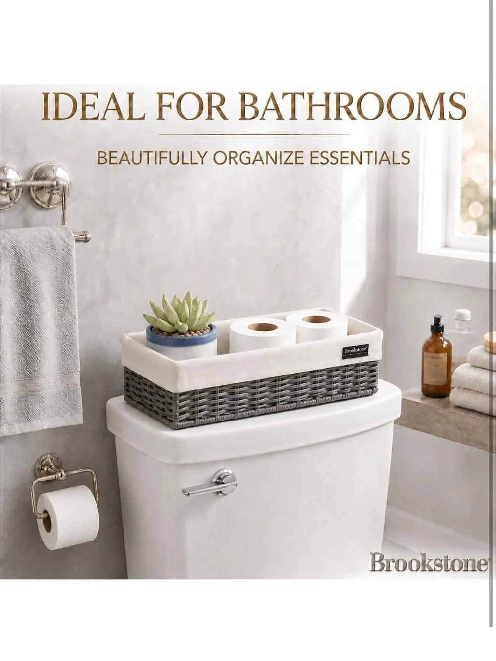 Brookstone Gray Wicker Bathroom Organizer Baskets with Liners 2 pack